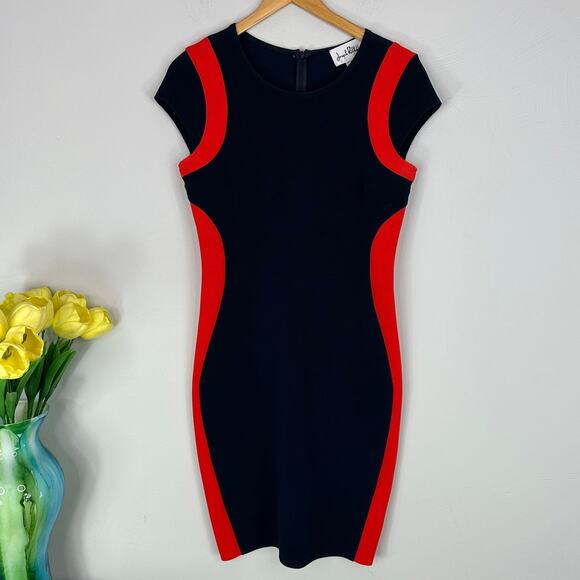 Joseph Ribkoff Navy & Orange Sheath Cap Sleeve Dress - Picture 1 of 8